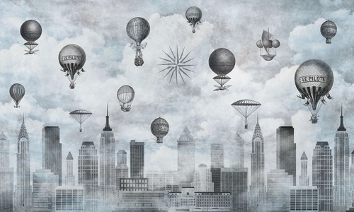 в стиле прованс, черно-белые, мегаполис, сити, небоскребы, воздушные шары