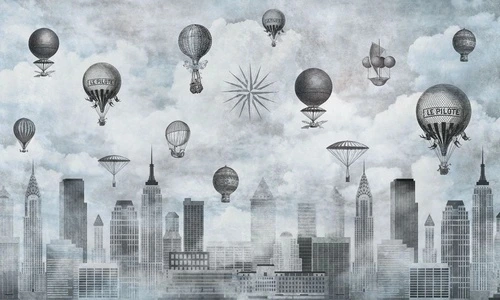в стиле прованс, черно-белые, мегаполис, сити, небоскребы, воздушные шары