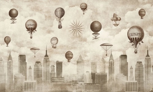 в стиле прованс, небоскребы, сити, мегаполис, воздушные шары, винтаж