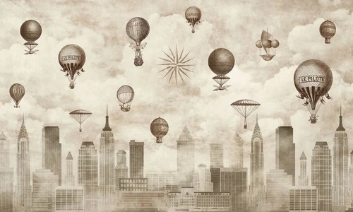в стиле прованс, небоскребы, сити, мегаполис, воздушные шары, винтаж