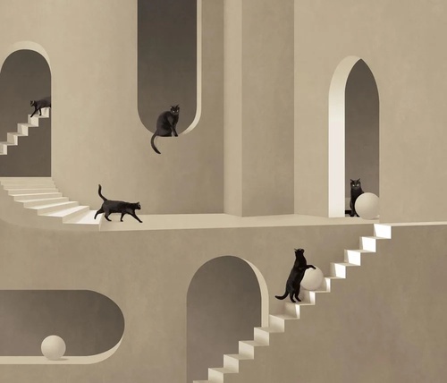ЗД, геометрия, бежевые, лестницы с кошками, кошки на лестницах