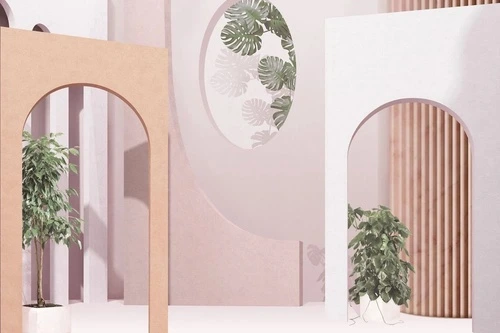 геометрия, 3Д, арки, листья, розовые