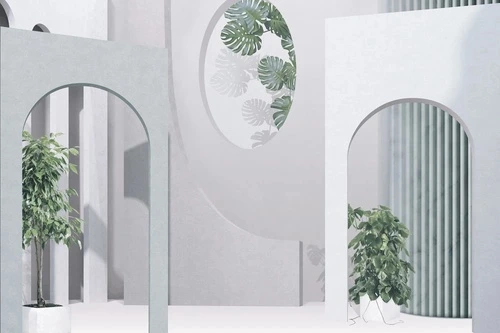 геометрия, 3Д, арки, листья, серая, серо-голубая