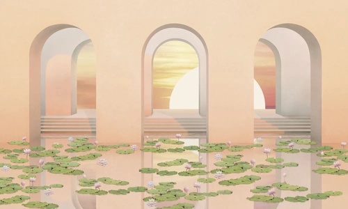 геометрия, 3Д, арки, персиковая, листья