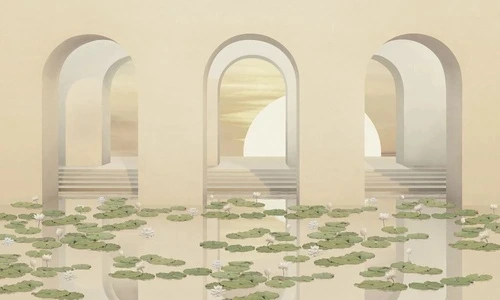 геометрия, 3Д, арки, кремовая, листья