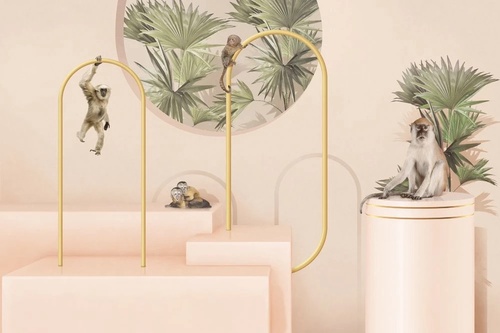 геометрия, 3Д, бежевые, пальмы, обезьянки