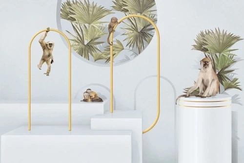 геометрия, серая, пальмы, обезьянки, 3Д