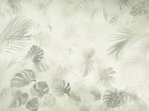 в загородный дом, тропические листья, светло салатовая