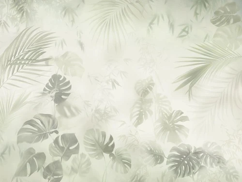 в загородный дом, тропические листья, светло салатовая