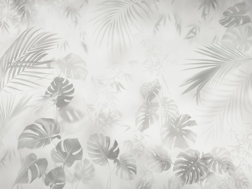 в загородный дом, тропические листья, зелено-серая