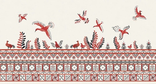 в загородный дом, птицы, орнамент, красная