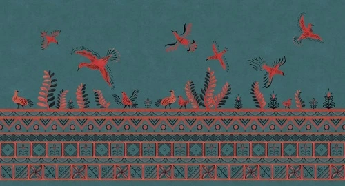 в загородный дом, птицы, орнамент,  красная, бирюзовая