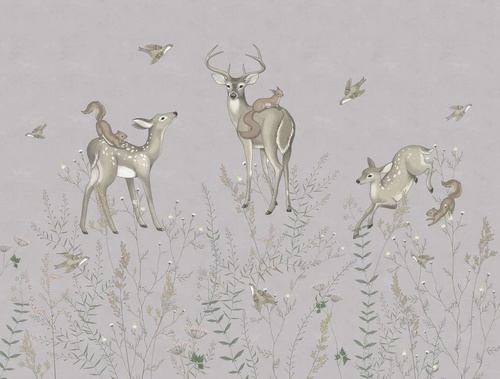 в детскую комнату, оленята, на серо-бежевом фоне