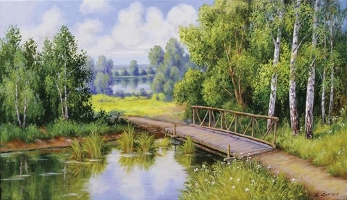 пейзаж, лес, река, мост