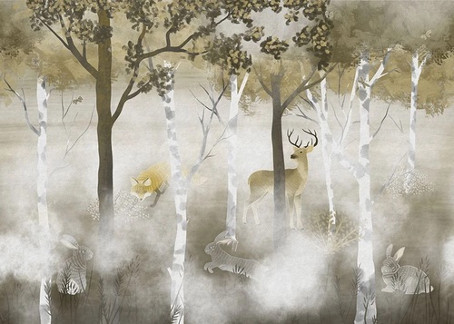 пейзаж, деревья, звери, болотного цвета