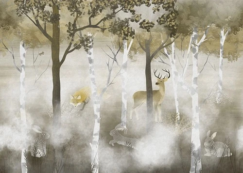 пейзаж, деревья, звери, болотного цвета