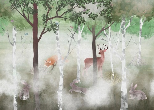 пейзаж, деревья, звери, зеленая