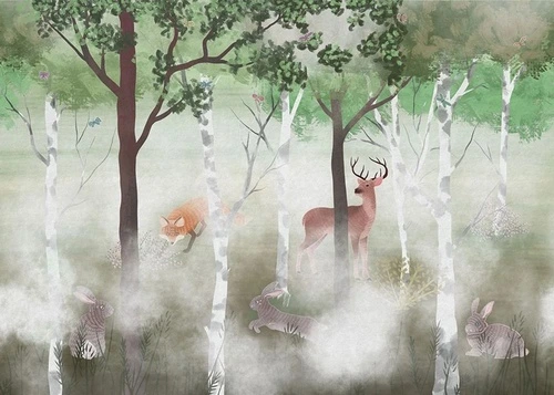 пейзаж, деревья, звери, зеленая