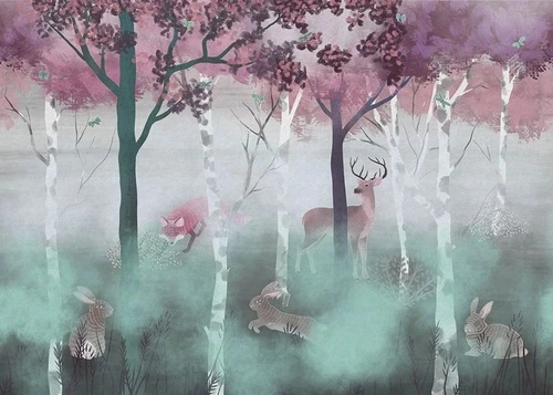 пейзаж, деревья, звери, сиреневая