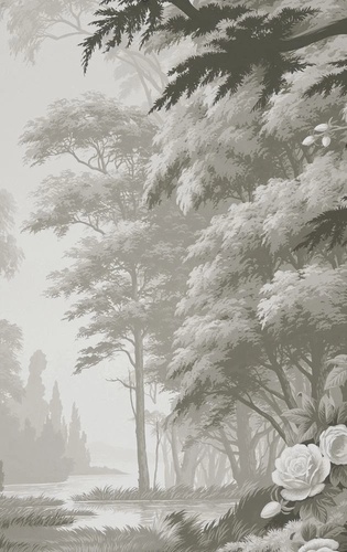 пейзаж, деревья, в тумане, серо-зеленая