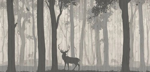 пейзаж, лес в тумане, стволы, олень