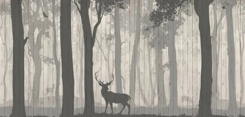 пейзаж, лес в тумане, стволы, олень