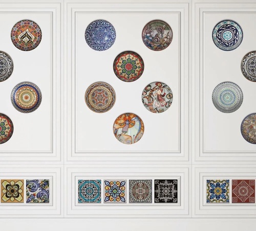 лофт, тарелки на стене, на белом фоне