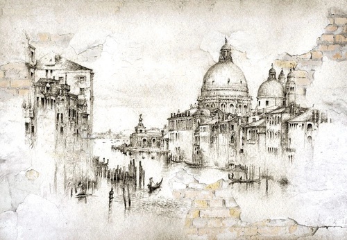 лофт, графика, бежевые, черные линии, собор, город, архитектура