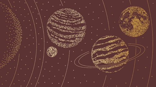 графика, планеты, золотые линии, с золотом, темно-бордовая