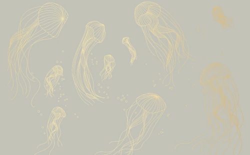 графика, медузы, золотые линии, с золотом, золотая, фисташковая, светло серая