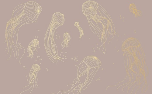 графика, медузы, золотые линии, с золотом, золотая, розово-бежевая