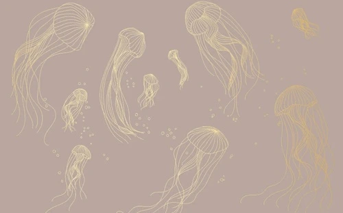 графика, медузы, золотые линии, с золотом, золотая, розово-бежевая