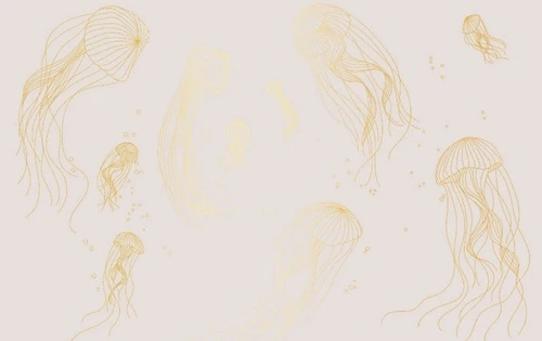 графика, медузы, золотые линии, с золотом, золотая, серо-розовая, бледно розовая