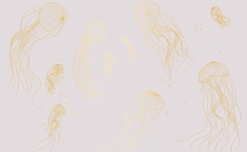 графика, медузы, золотые линии, с золотом, золотая, розовая