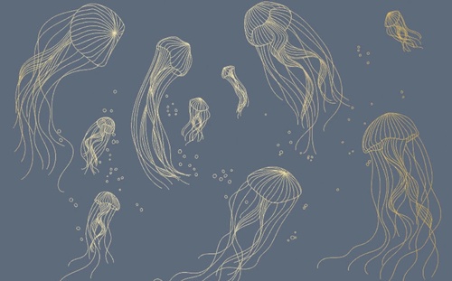 графика, медузы, золотые линии, с золотом, золотая, серо-синяя