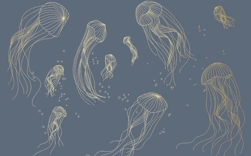 графика, медузы, золотые линии, с золотом, золотая, серо-синяя