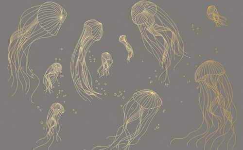 графика, медузы, золотые линии, с золотом, золотая, коричнево-серая