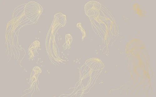графика, медузы, золотые линии, с золотом, золотая, серо-бежевая, бежево-серая