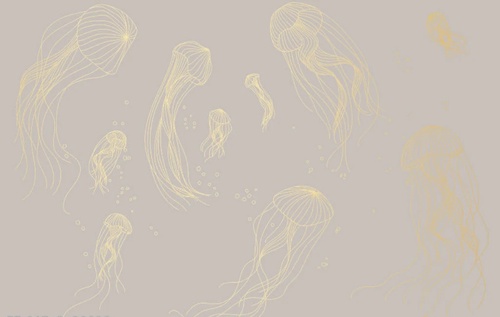 графика, медузы, золотые линии, с золотом, золотая, розовато-бежевая