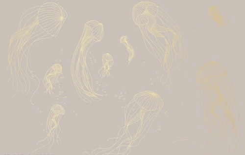 графика, медузы, золотые линии, с золотом, золотая, розовато-бежевая