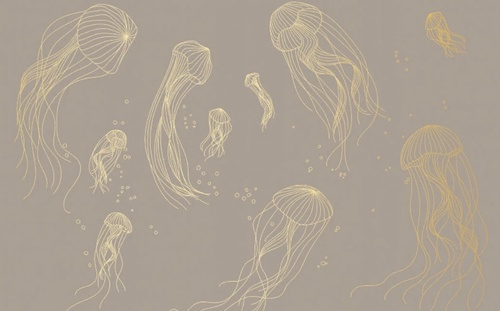 графика, медузы, золотые линии, с золотом, золотая, кофейная