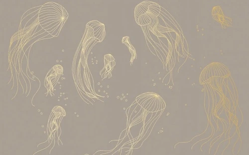 графика, медузы, золотые линии, с золотом, золотая, кофейная