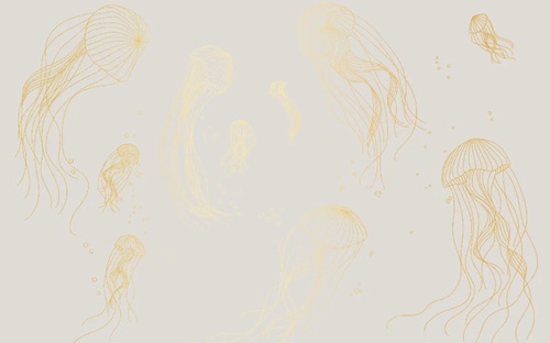 графика, медузы, золотые линии, с золотом, золотая, бело-серая