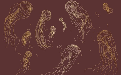 графика, медузы, золотые линии, с золотом, золотая, бордовая, вишневая
