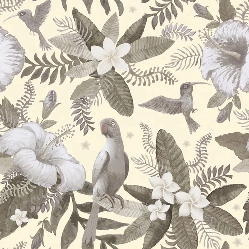 цветы, птица, попугай, белые, светло зеленая, на желтом фоне, листья тропические