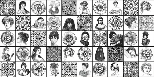в детскую комнату, узоры, лица девушек, черно-белые