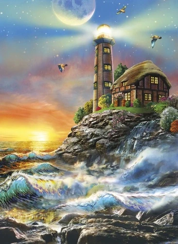 в детскую комнату, закат, море, маяк