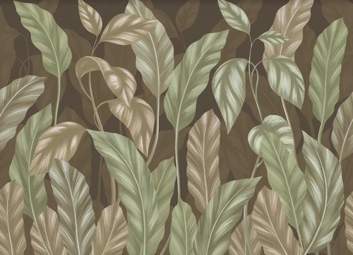 в загородный дом, листья тропические, зеленые, на темном фоне