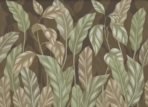 в загородный дом, листья тропические, зеленые, на темном фоне