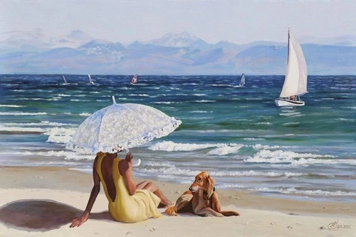 пейзаж, морской, море,  морской берег, парусник, девушка